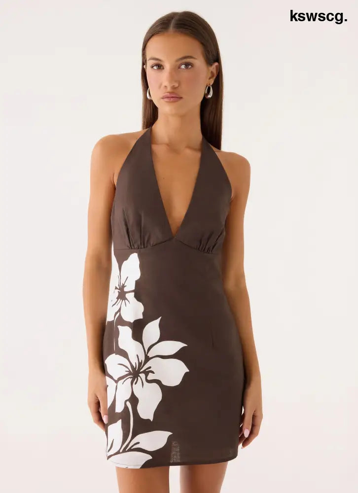 Agneta Halter Linen Mini Dress - Chocolate Tropic Floral - Mini Dresses