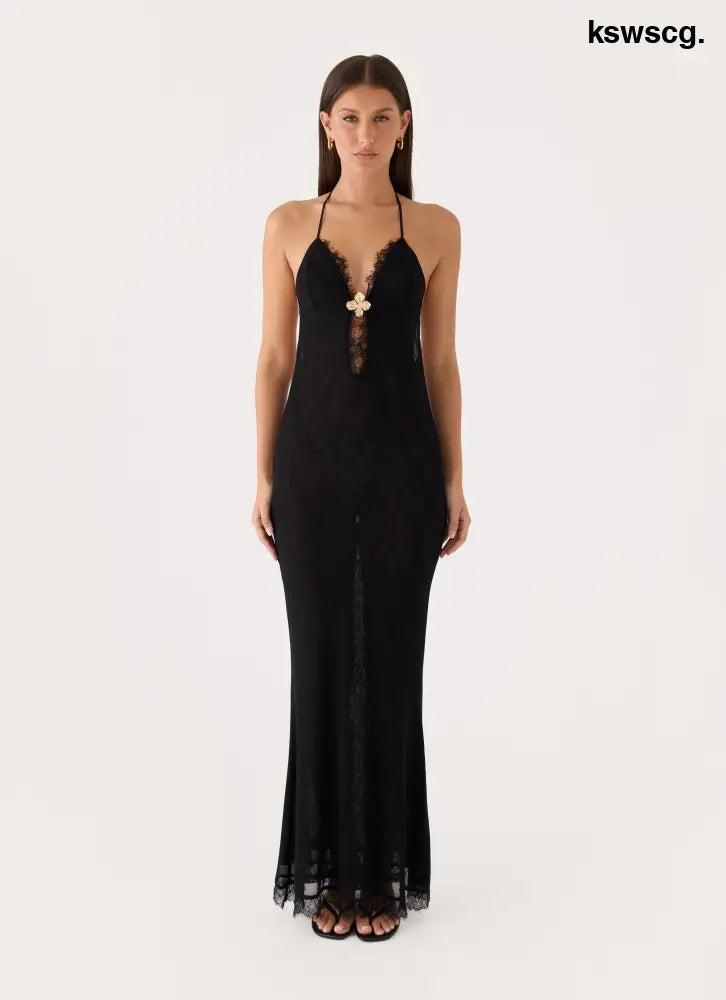 Calyssia Lace Halter Long Maxi Dress - Black - Maxi Dresses