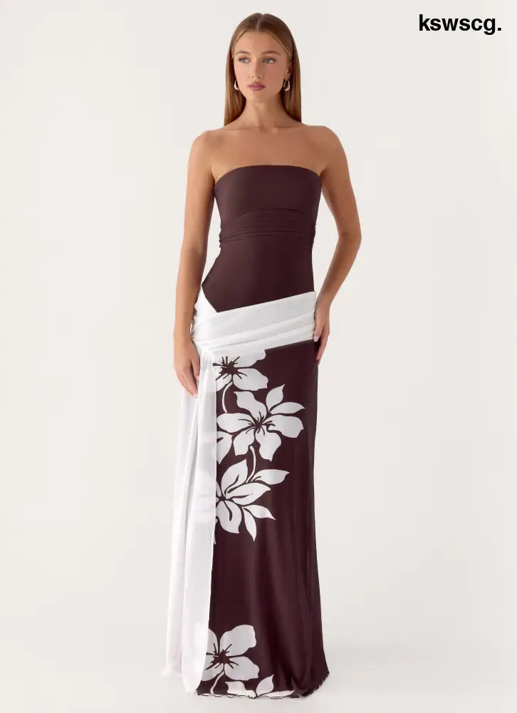 Palomar Strapless Maxi Dress - Chocolate Tropic Floral - Maxi Dresses
