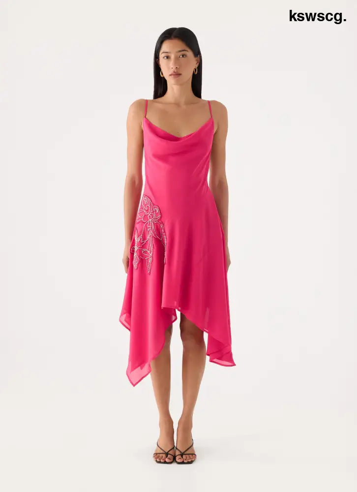Pirama Beaded Midi Dress - Fuchsia - Midi Dresses